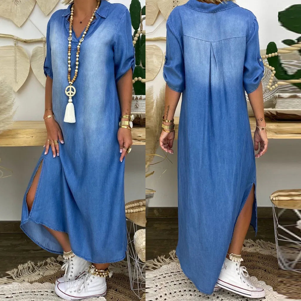 Lea™ – Denim maxikjole med sideslit