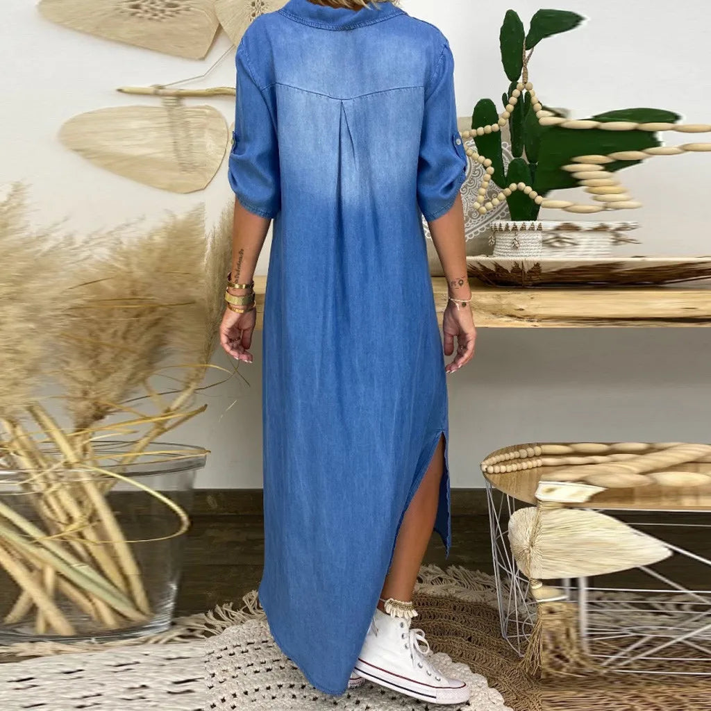Lea™ – Denim maxikjole med sideslit