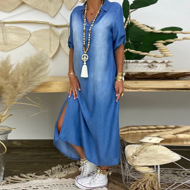 Lea™ – Denim maxikjole med sideslit