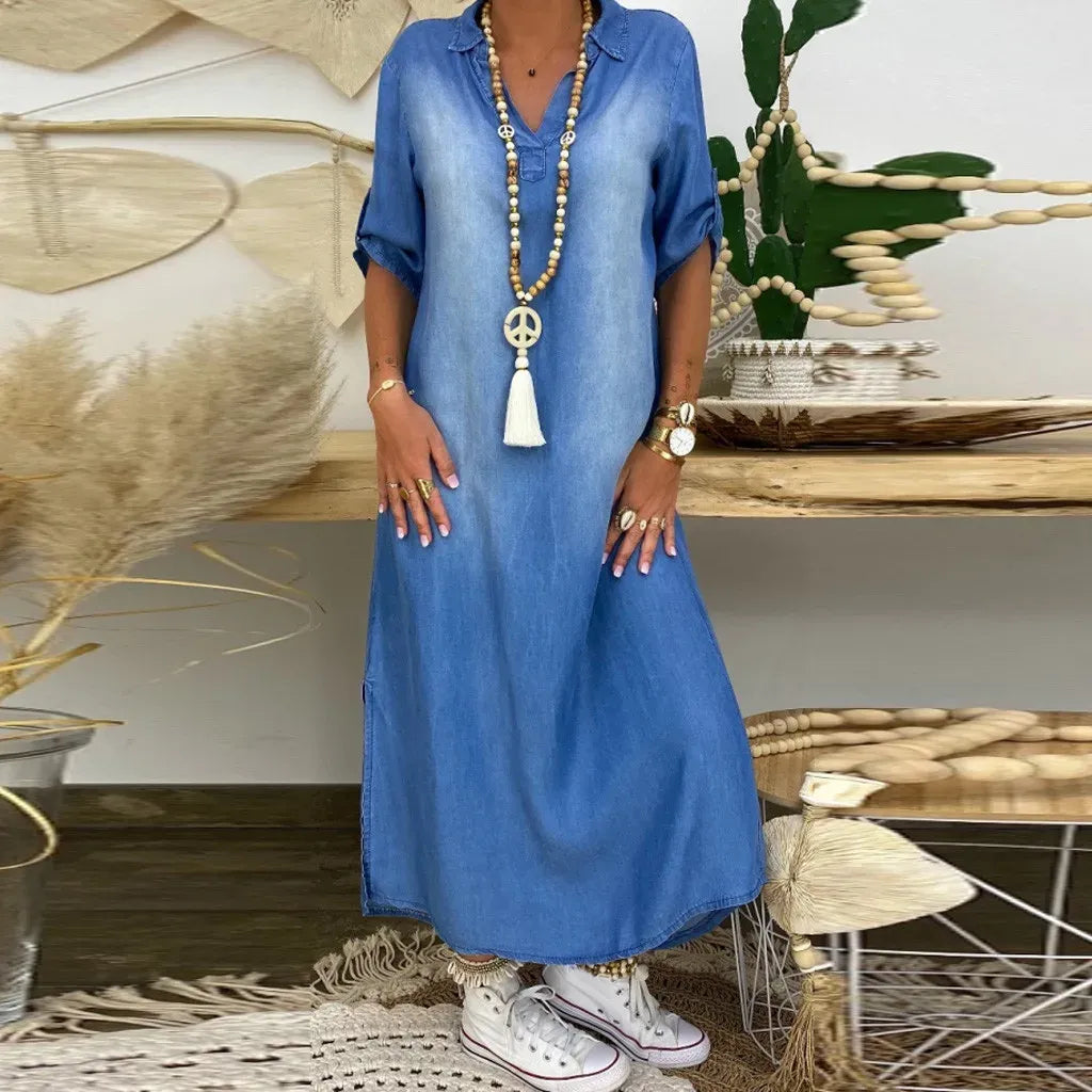 Hildaia™- Maxikjole i denim med elegant sidesliss